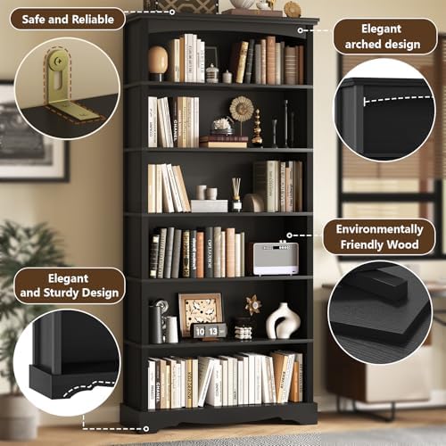 TVU 6-Tier Wooden Bookshelf, 76 Inch Tall Bookshelf with Storage, Floor Stand...