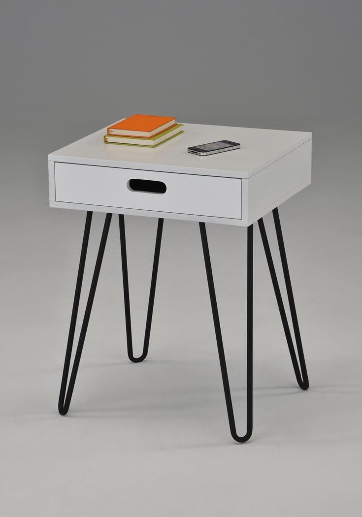 White Side End Table Nighstand Black Metal Legs with One Drawer 24"H - Mid-Century Style
