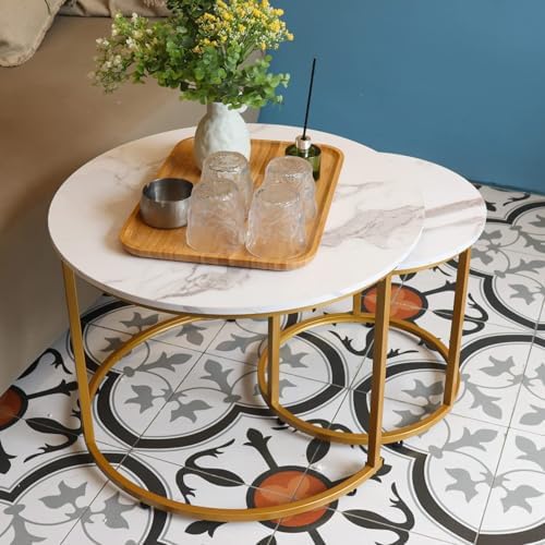 aboxoo Coffee Table Nesting White Set of 2 Side Set Golden Frame Circular Rou...