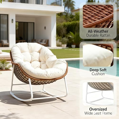 YDcosyfy Oversized Outdoor Papasan Rocking Chair with Soft Cushion, Comfy Pat...