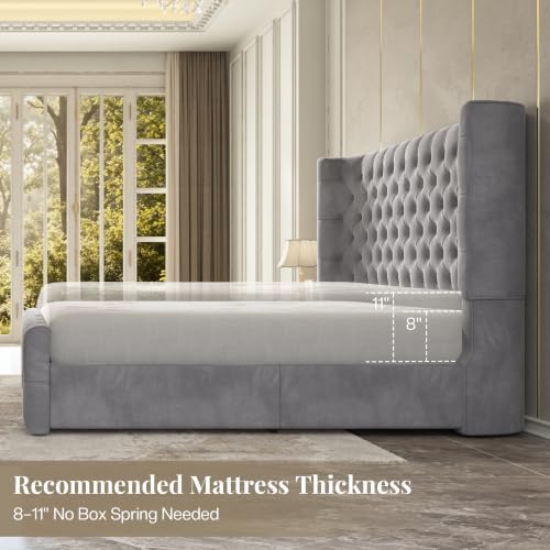 Jocisland King Bed Frame Upholstered Wingback Headboard & Footboard,Grey