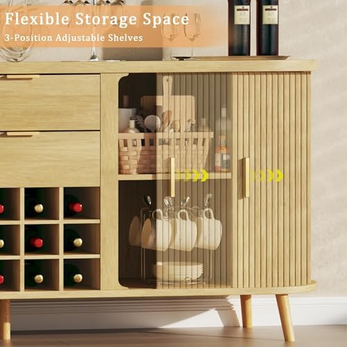 HUAHUU 58" Buffet Cabinet with Storage, Fluted Wine Bar Cabinet with Dra...
