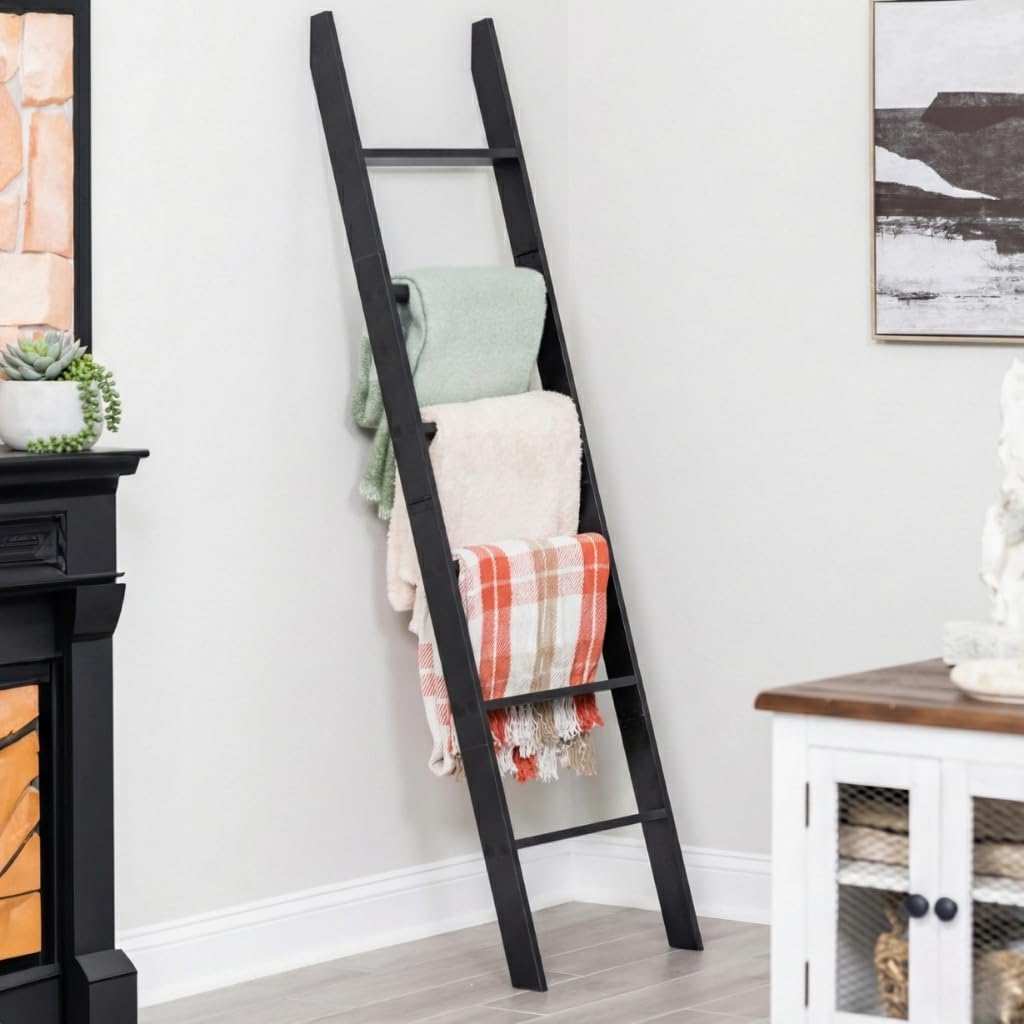Blanket Ladder for the Living Room and Bedroom, Quilt Rack, 6-Tier, Black | 5ft 8 inch, Wall Leaning Blanket Holder, Laminate Snag Free, Rustic Decorative Farmhouse Ladder Shelf for Blankets