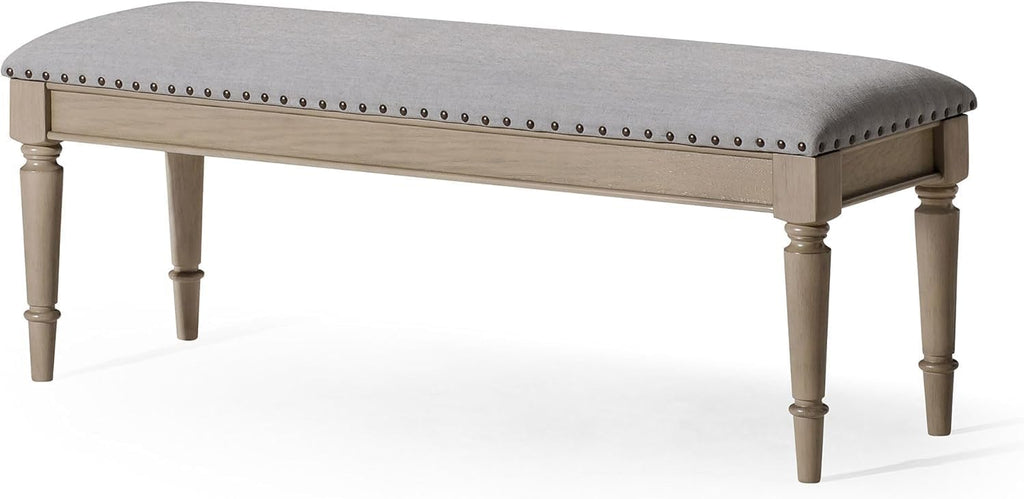 Maven Lane Elizabeth Traditional Wooden Upholstered Bench, Padded Seat for Kitchen Dining Room Table or Entryway in Antiqued Grey Finish