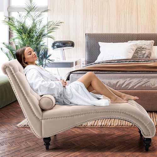 SLEERWAY Chaise Lounge Chair Indoor, Modern Velvet Upholstered Sofa with Soli...