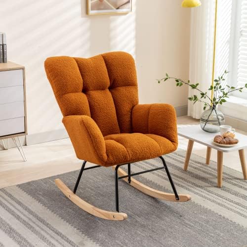 Rocking Chair, Upholstered Teddy Fabric Glider Chair with Thick Cushion, Loun...