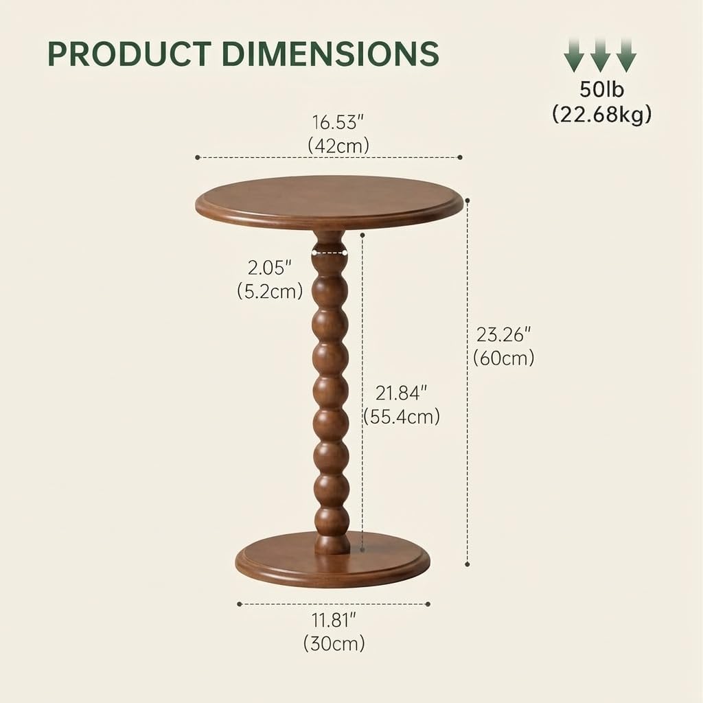 Pedestal Side Table, Small Round Side Table for Small Spaces, Drink Table with 100% Solid Wood Leg, Round Coffee End Table for Living Room, Bedroom, Corners, and Office (Poplar Wood, Walnut)