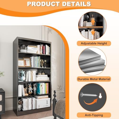 VASAAOSD 66" Tall Metal Bookcase, 5 Shelf Black Bookcase with Adjustable...