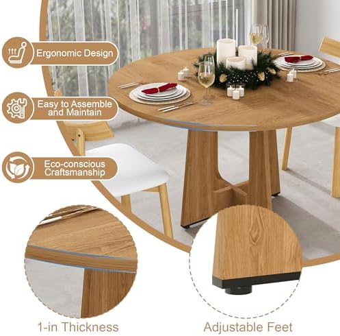 Modern 5-Piece Dining Table Set with 4 Chairs,Oak Round MDF Dining Table, Bei...