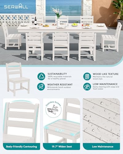 SERWALL 9Pcs 84" HDPE Outdoor Dining Set for 8 with Armless Chairs,White