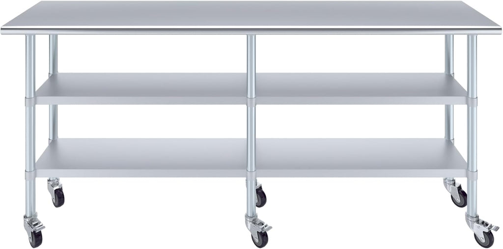 AmGood Stainless Steel Work Table with 2 Shelves and Casters | Metal Utility Table On Wheels (Stainless Steel Work Table with 2 Shelves + Casters, 84" Long x 18" Deep)