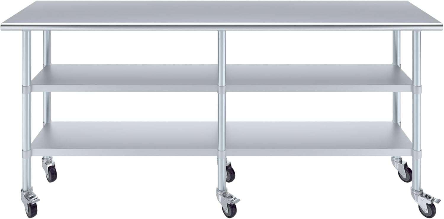 AmGood Stainless Steel Work Table with 2 Shelves and Casters | Metal Utility Table On Wheels (Stainless Steel Work Table with 2 Shelves + Casters, 84" Long x 18" Deep)