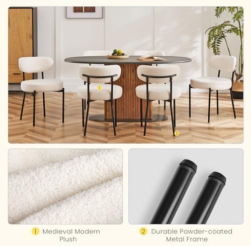 DUMOS Dining Chairs Set of 4, Mid Century Modern Chair Round Upholstered Curved Backrest, Kitchen Vanity Living Room Chairs with Black Metal Legs，Light Beige