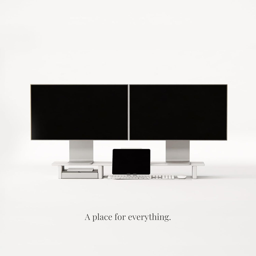 Raico Desk Cockpit Shelf Monitor Stand System Dual Screen Setup Wood Large Desk Accessory Organizer Unit (Matte White, Full Length v2 | 45.7 Inches)