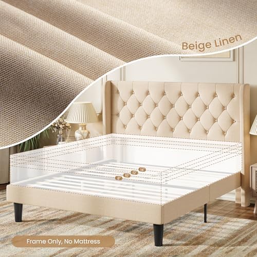 SHA CERLIN Queen Upholstered Bed Frame, Button Tufted Design, Beige