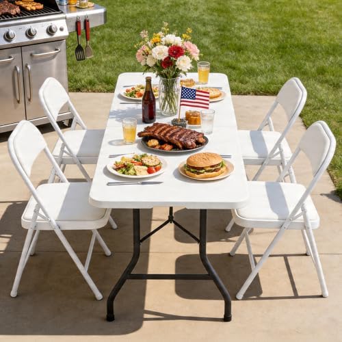 Folding Dining Table Set for 4, 5FT Foldable Plastic Table with Carrying Hand...