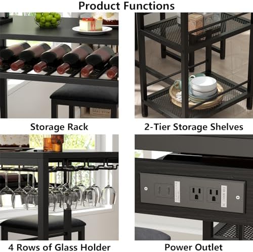 Bar Table and Chairs Set with Power Outlet, Pub Table and Chairs Set for 2