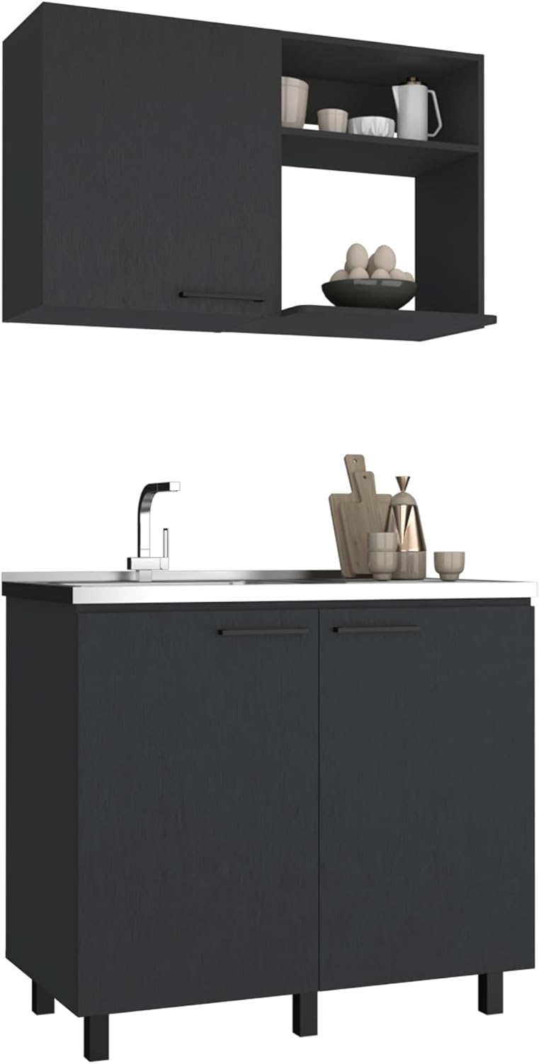 2 Piece Kitchen Set with Wall Cabinet and Utility Sink in Black | Includes st...