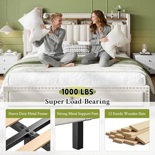 EnHomee King Size Bed Frame with 2 Drawer & 2-Tier Storage Headboard Shelf