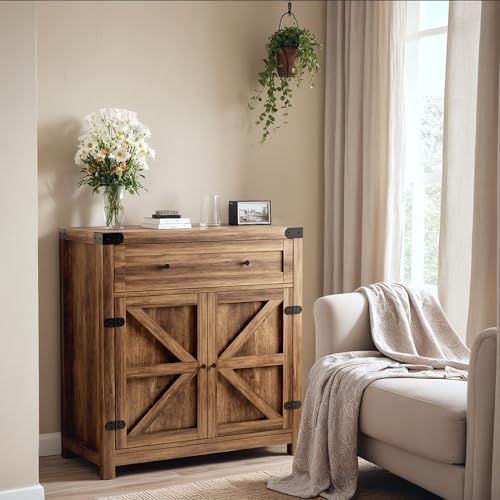 YESHOMY Farmhouse Coffee Bar and Accent Cabinet with Barn Doors, Brown