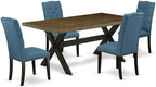 East West Furniture X677EL121-5 5 Piece Modern Dining Table Set Includes a Rectangle Wooden Table with X-Legs and 4 Blue Linen Fabric Upholstered Chairs, 40x72 Inch, Multi-Color