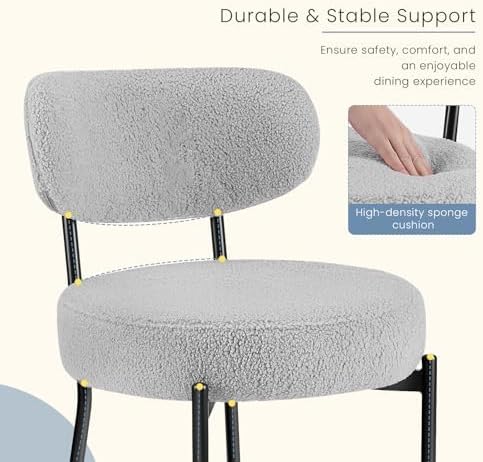 DUMOS Dining Chairs Set of 6, Mid Century Modern Chair Round Upholstered Curved Backrest, Kitchen Vanity Living Room Chairs with Black Metal Legs，Light Grey