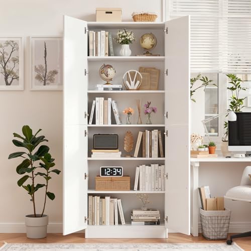 Cyclysio 80" Storage Cabinet, Tall Arched Bookcase with 4 Soft Close Doors