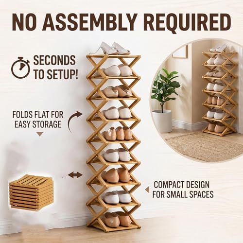 Foldable Shoe Rack, 9-Tier Bamboo Vertical Shoe Organizer, Narrow Space-Saving Shelf, No-Tools Assembly, Expandable Storage for Closet, Entryway, Corner, Bedroom (Natural, 6 Tire)