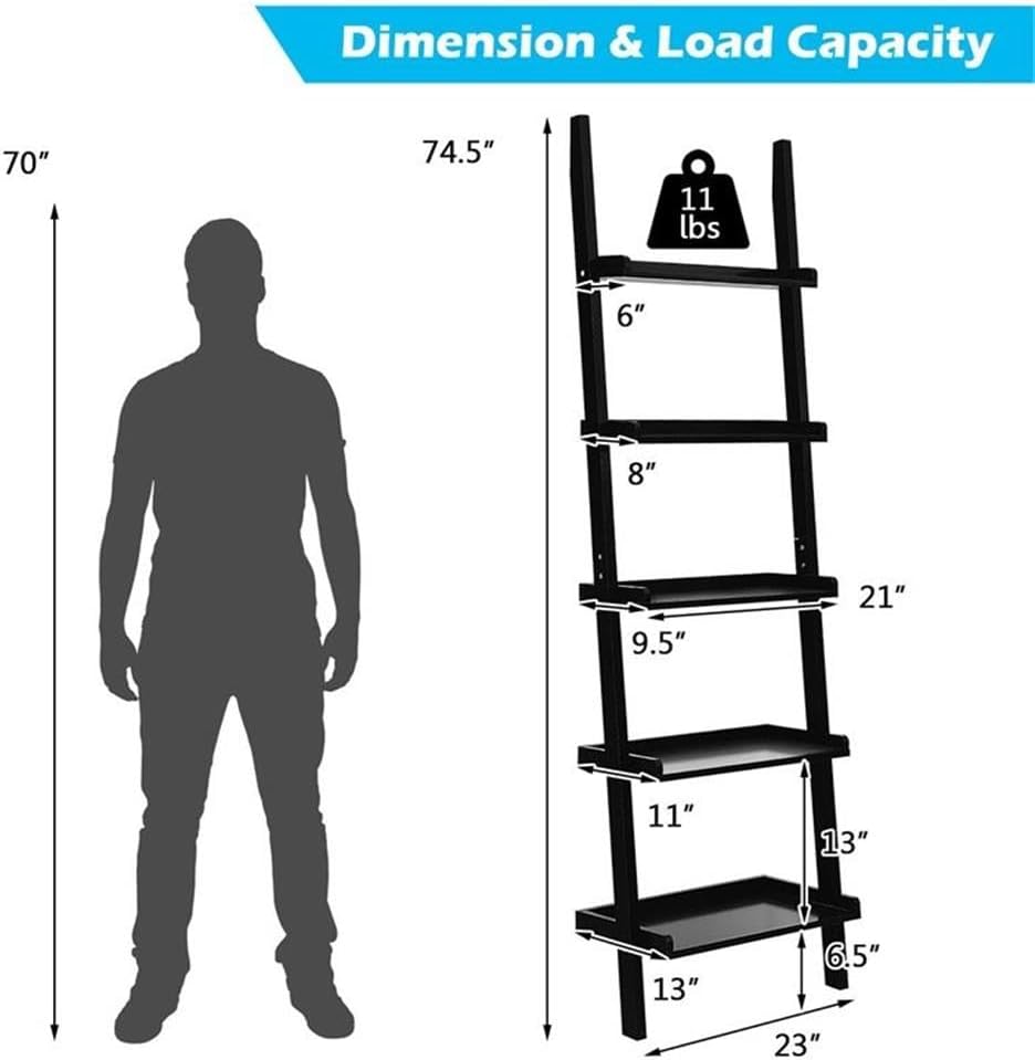 Pemberly Row 5-Tier MDF Ladder Shelves, Black Finish, 74.5" H x 13" W x 23" L, Wall-Leaning Design, Contemporary Storage Unit for Living Room, Study, or Bathroom Decor