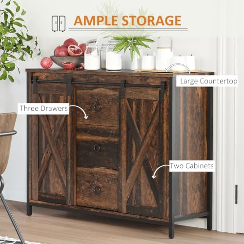 HOMCOM Industrial Farmhouse Buffet Cabinet, Kitchen Sideboard with Sliding Ba...