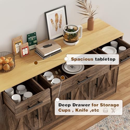 Vongrasig Buffet Cabinet with Drawers, 53” Large Sideboard Buffet Kitchen Sto...