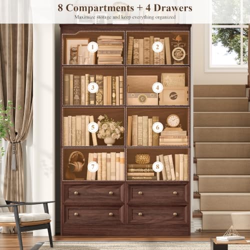 FINETONES 71" Tall Bookshelf with 4 Drawers Large Bookshelf Office Bookcase