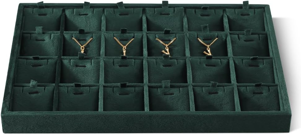 Velvet Necklace Display Tray, Stackable 24 Grid Insert Pendant Necklaces Storage Holder Plate, Jewelry Retail Countertop Organizer (Green)