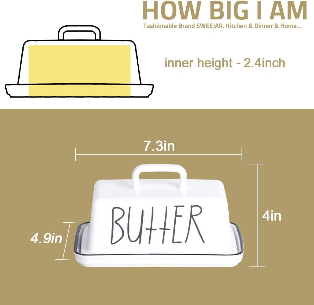 Sweejar Ceramic Butter Dish with Handle Lid, 7.3 Inch Porcelain Large Butter Keeper with Cover, Perfect for East/West Butter (Navy)