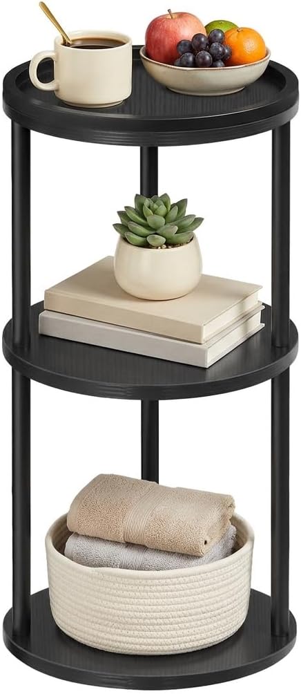 MAHANCRIS Small Round Side Table with Tray, 3-Tier End Table with Storage She...
