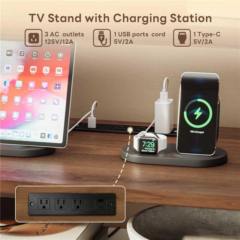 LIKIMIO Modern TV Stand for 70" TV, with Charging Station & LED Light