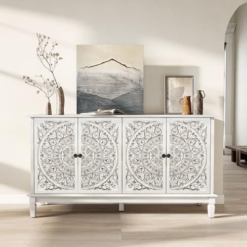 59" Solid Wood Buffet Cabinet, Accent Cabinet, 4 Carved Doors