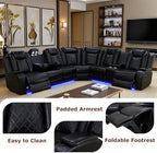 Living Room Furniture Sets, Power Reclining Sofa Set, Black Leather 2 Recliner Sectional with LED Light, Modern Power Recliner Sofa Sets with Cup Holder/Storage Console for Living Room