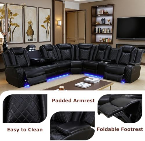 Living Room Furniture Sets, Power Reclining Sofa Set, Black Leather 2 Recliner Sectional with LED Light, Modern Power Recliner Sofa Sets with Cup Holder/Storage Console for Living Room