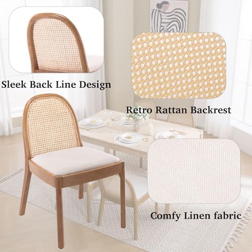 LukeAlon Linen Dining Chairs Set of 4, Natural Woven Cane Back with Solid Woo...