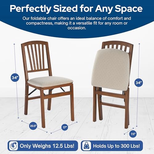 MECO Stakmore Slat Back Wooden Folding Chairs with Padded Seats, Set of 2 - N...