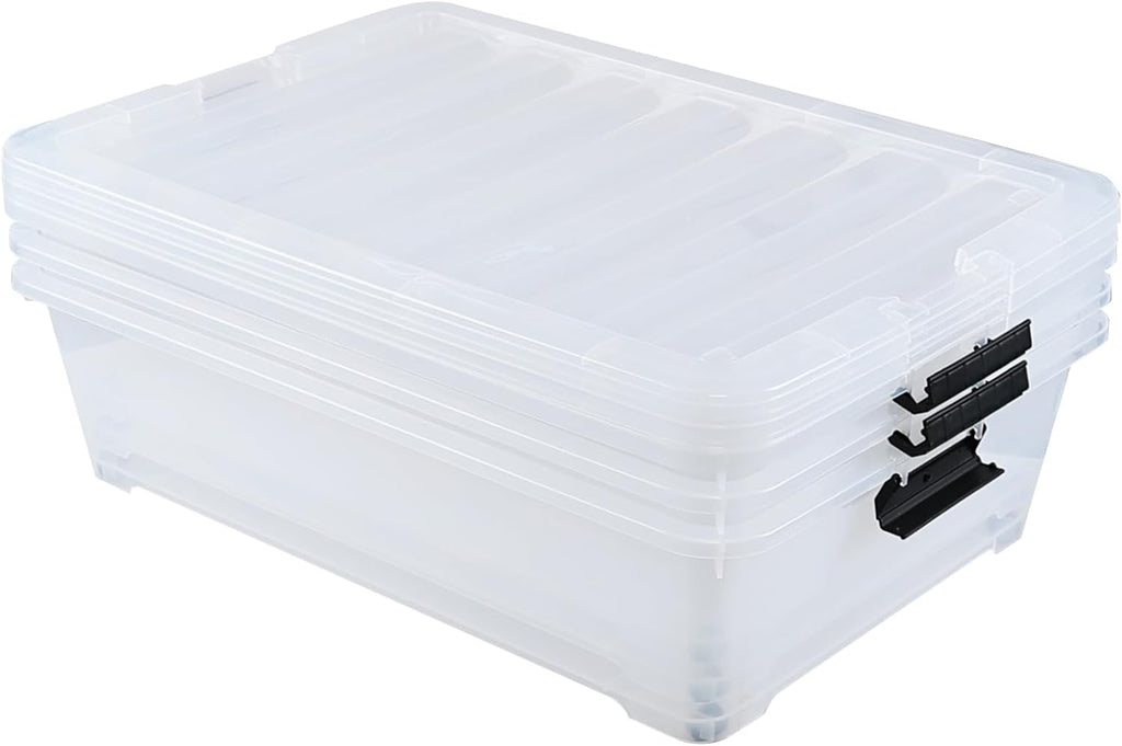 50 L Large Plastic Under Bed Storage Containers, Clear Plastic Underbed Storage Bins with Wheels, 3-Pack