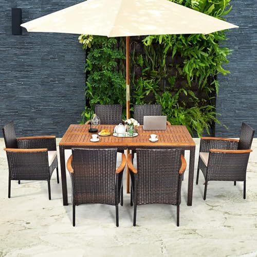 HAPPYGRILL 7-Piece Rattan Patio Dining Set Outdoor Wicker Dining Set with Umb...