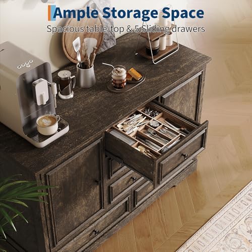 GarveeHome 47” Farmhouse Sideboard Buffet Cabinet,5 Drawers,2 Doors,Brown01