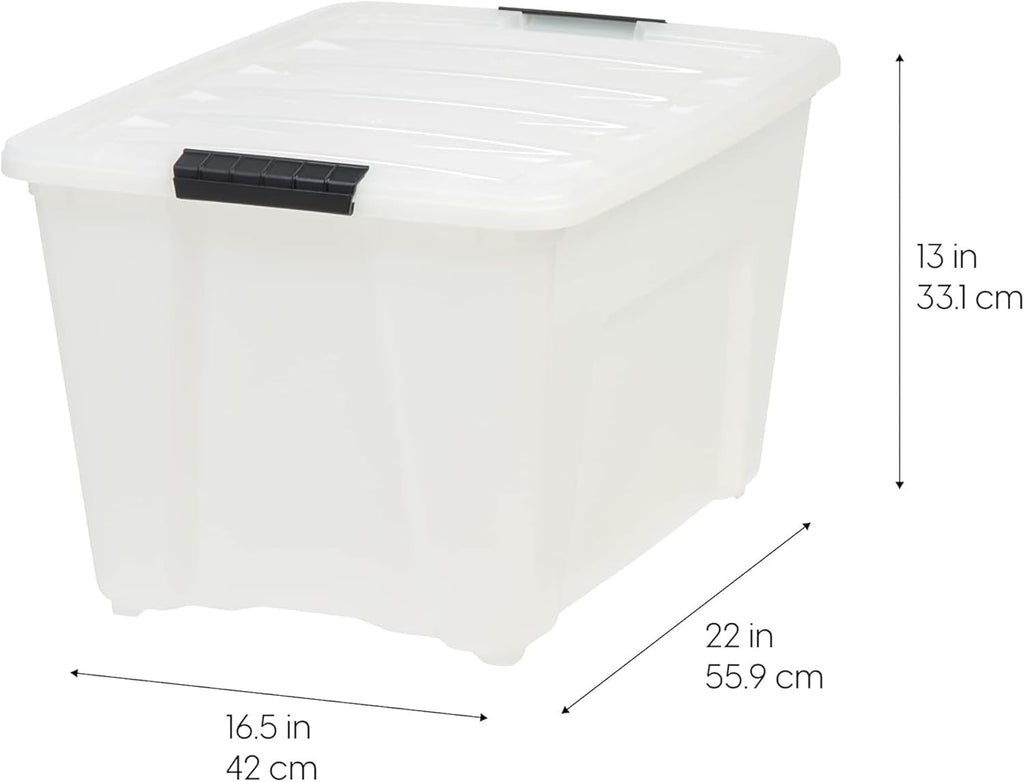 IRIS USA 54 QT Plastic Storage Box with Lid and Latches - 4 Pack - BPA-Free, Discreet Organizing Solution, Durable Nestable Stackable Containers, Secure Pull Handle - Pearl