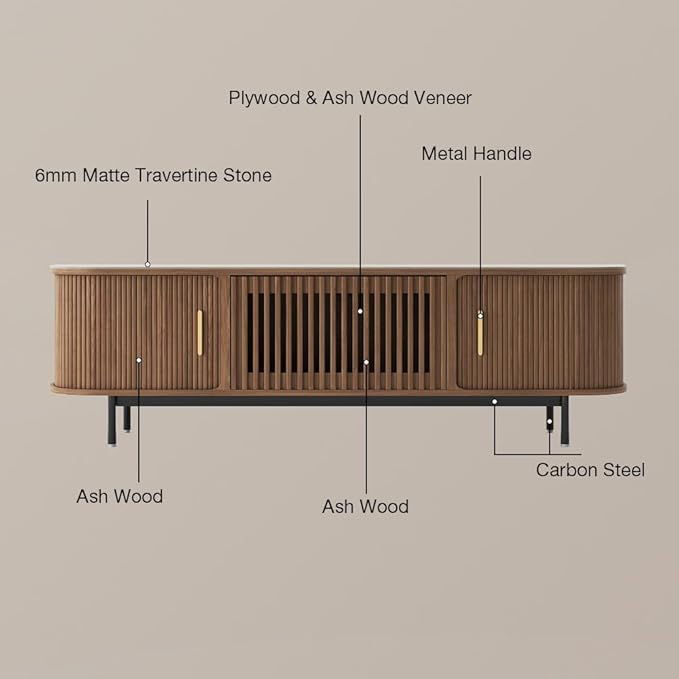 POVISON Fully-Assembled Sliding Tambour Door TV Stand, Mid Century Modern Sintered Stone TV Console, Wood Media Console for 85 Inch TV, Entertainment Center with Storage Cabinet(Walnut, 94.49")