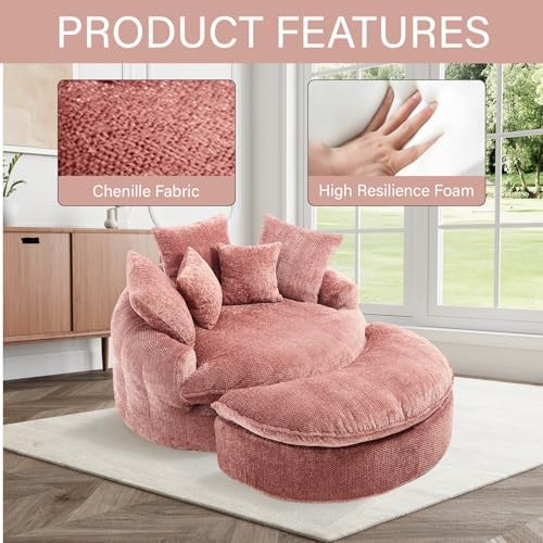 54'' Oversized Round Bean Bag Chaise Lounge Barrel Chair with Movable Ottoman, Fluffy Cloud Couch Boneless Round Sofa Chair for Living Room, Bedroom, Apartment, Pink