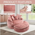 54'' Oversized Round Bean Bag Chaise Lounge Barrel Chair with Movable Ottoman, Fluffy Cloud Couch Boneless Round Sofa Chair for Living Room, Bedroom, Apartment, Pink