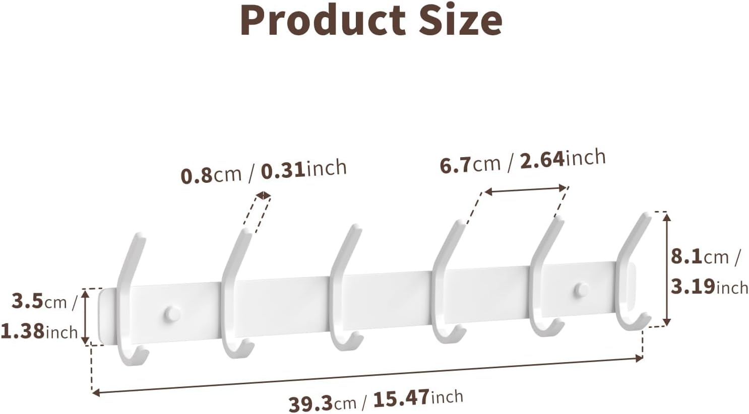 Coat Rack Wall Mount Hooks - 15 Inch Matte White Metal 6-Hook Organizer Wall Mounted, Modern Kids Room, Entryway & Bathroom Hanger for Beach Towels, Coats, Purses, Bags (2 Pack)