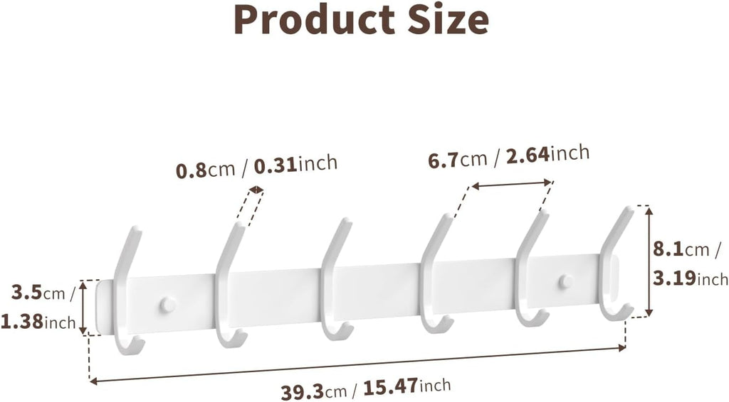 Coat Rack Wall Mount Hooks - 15 Inch Matte White Metal 6-Hook Organizer Wall Mounted, Modern Kids Room, Entryway & Bathroom Hanger for Beach Towels, Coats, Purses, Bags (1 Pack)